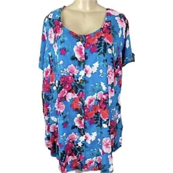 Torrid +5 Blue-Pink Floral Scoop Neck Button Shirred Detail Short Sleeve Blouse - Picture 2 of 6
